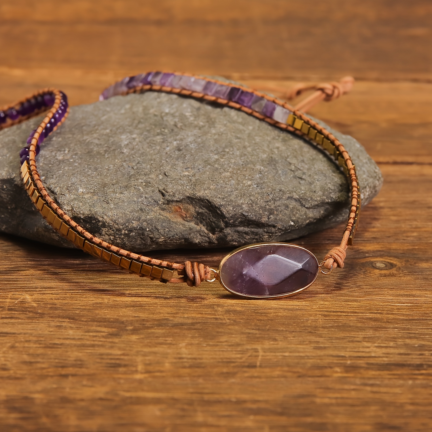 Multi-Layer Amethyst Bead Wrap Bracelet with Oval Pendant